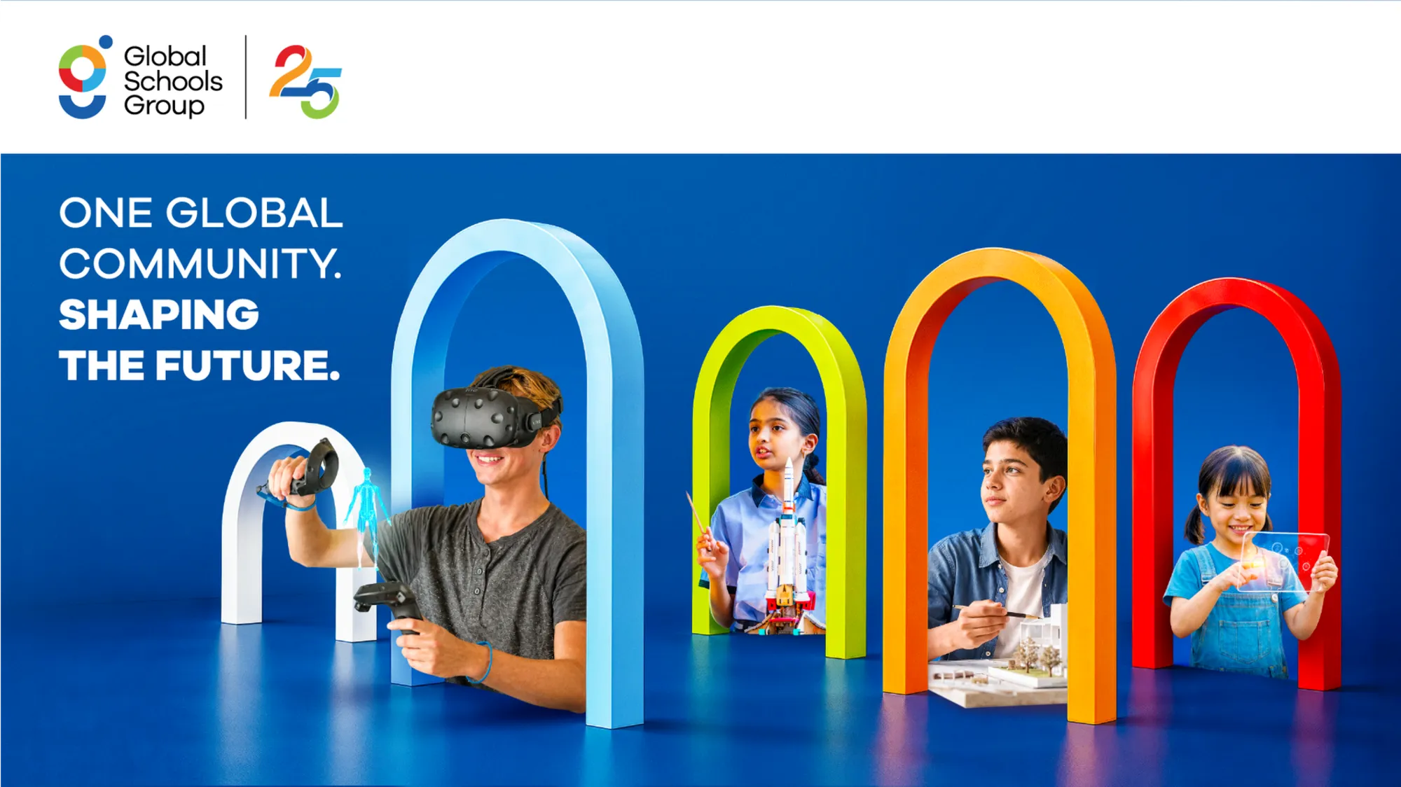 The GSG25 key visual: children framed by coloured arches under the line "One global community. Shaping the future."