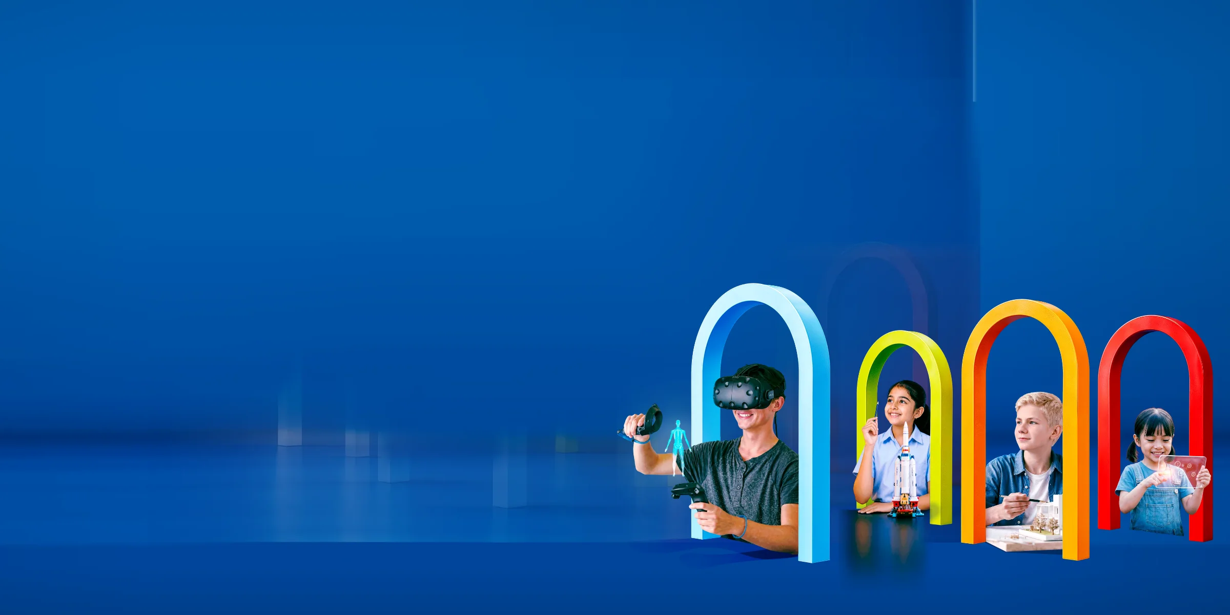The GSG25 key visual's four children, each framed by a coloured arch on a blue studio floor.
