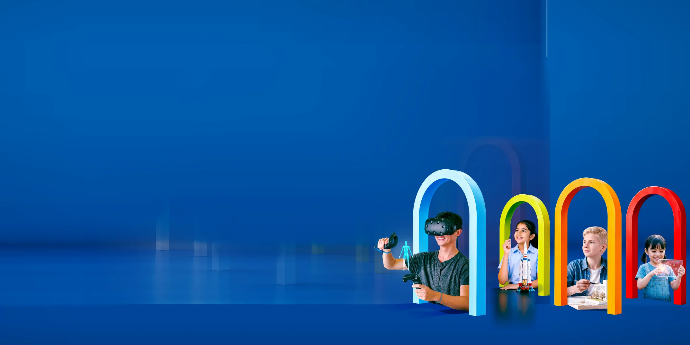 The GSG25 key visual's four children, each framed by a coloured arch on a blue studio floor.
