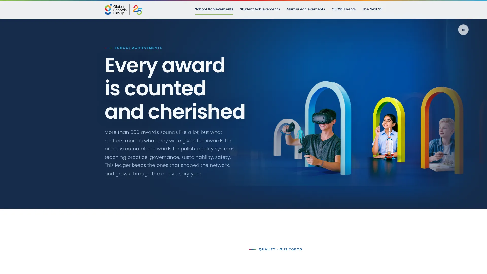 The School Achievements page of the GSG25 microsite, headed "Every award is counted and cherished".