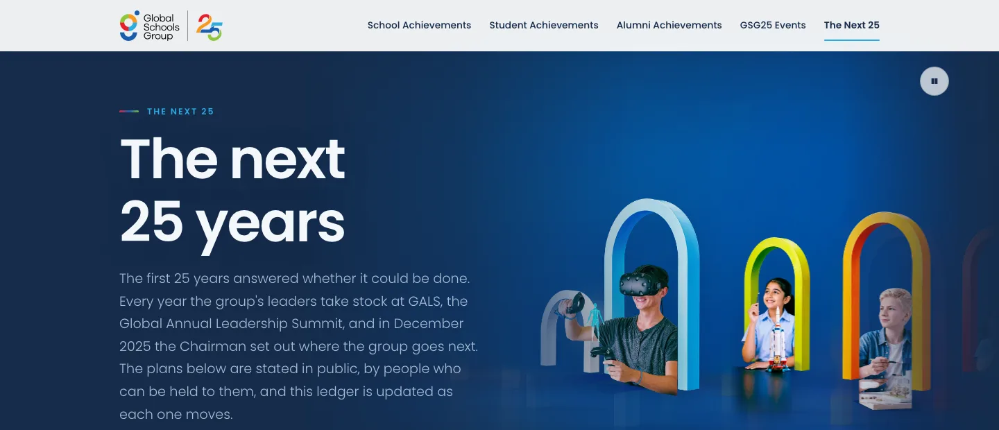 The Next 25 page head: "The next 25 years" beside the key visual's arches.