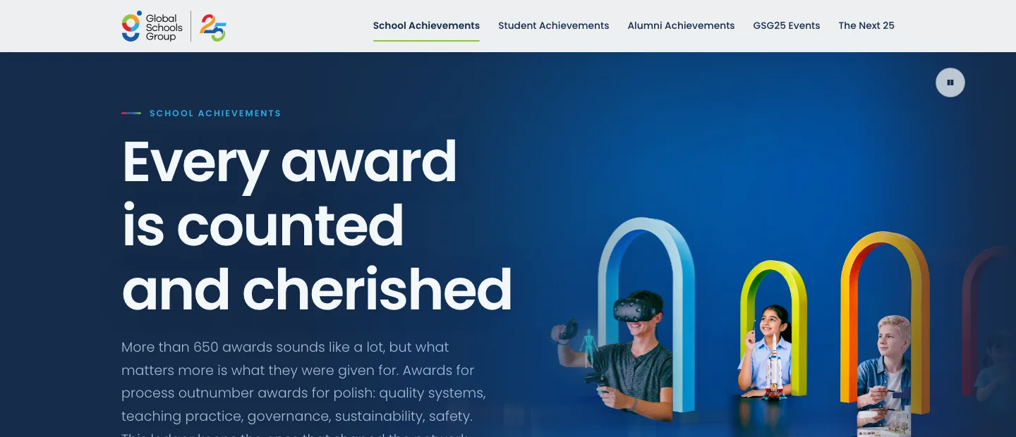 The School Achievements page head: "Every award is counted and cherished" beside the key visual's arches.
