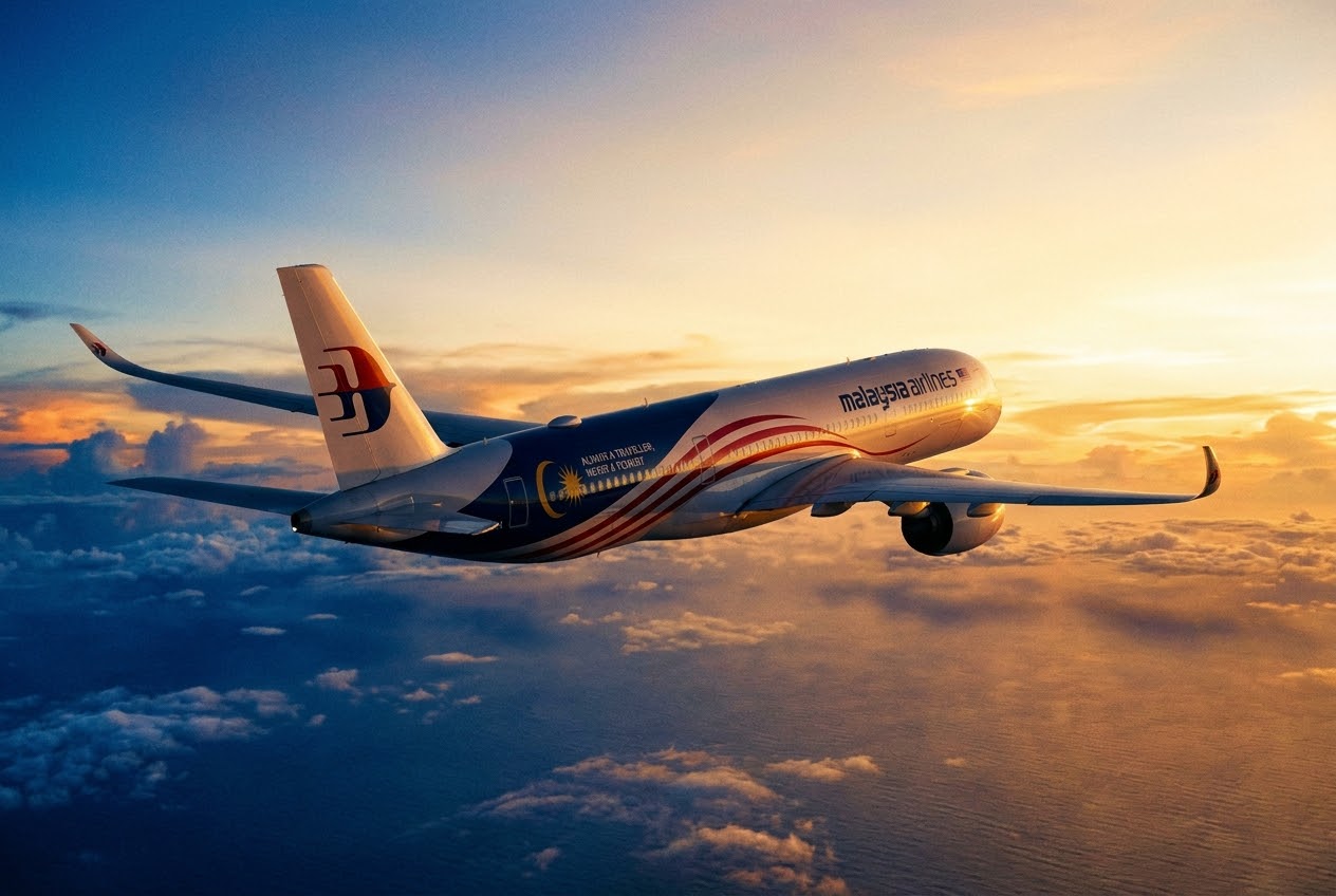 Malaysia Airlines aircraft in flight at golden hour
