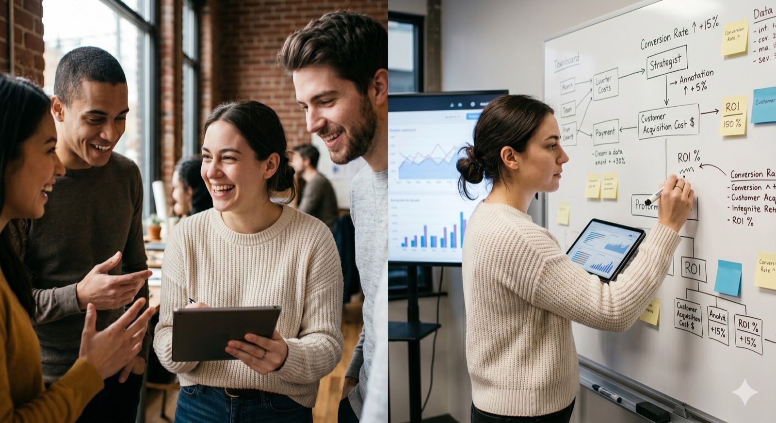 A team in conversation beside a strategist mapping metrics