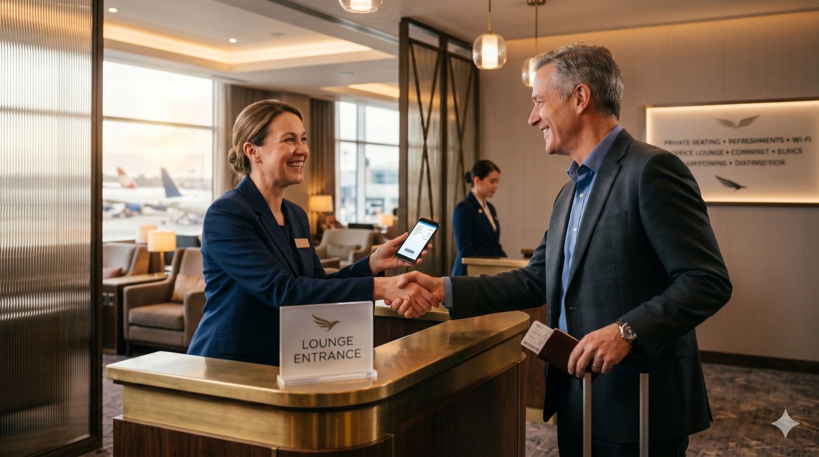 An airport lounge host welcoming a returning guest