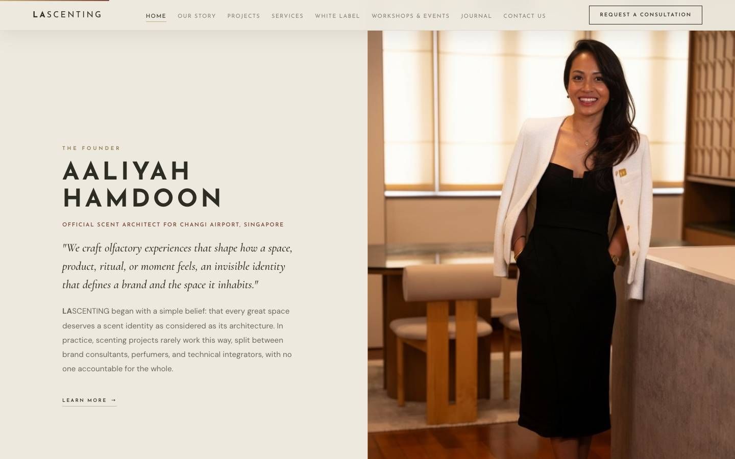 Founder section with a full-height portrait and an italic pull quote