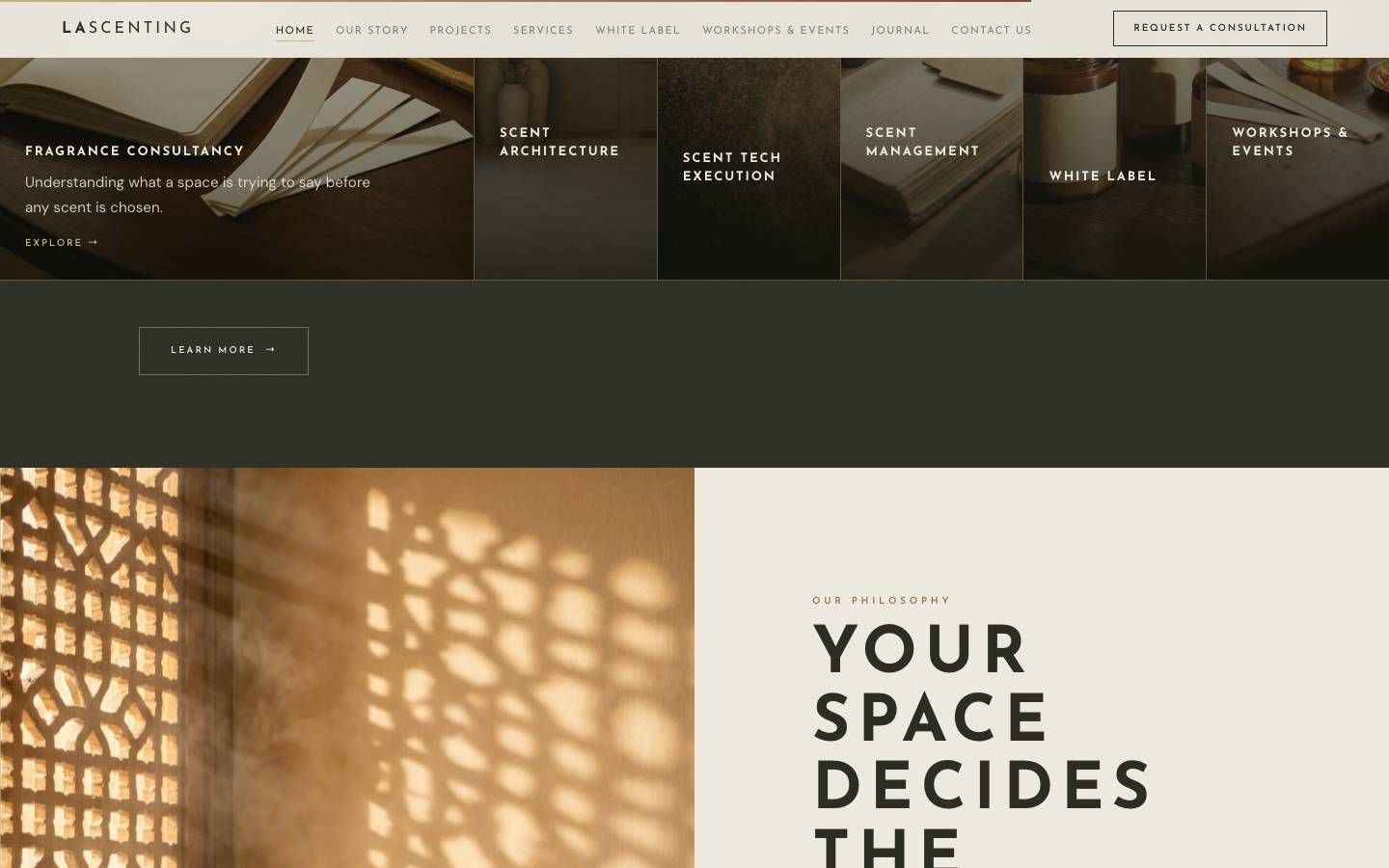 Philosophy section: lattice light beside the headline Your space decides the formula