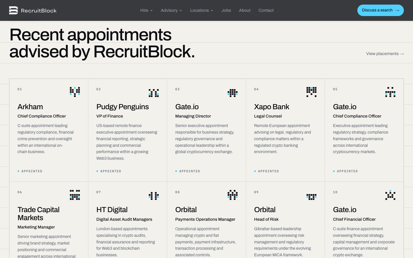 Recent appointments advised by RecruitBlock, set as a grid of cards