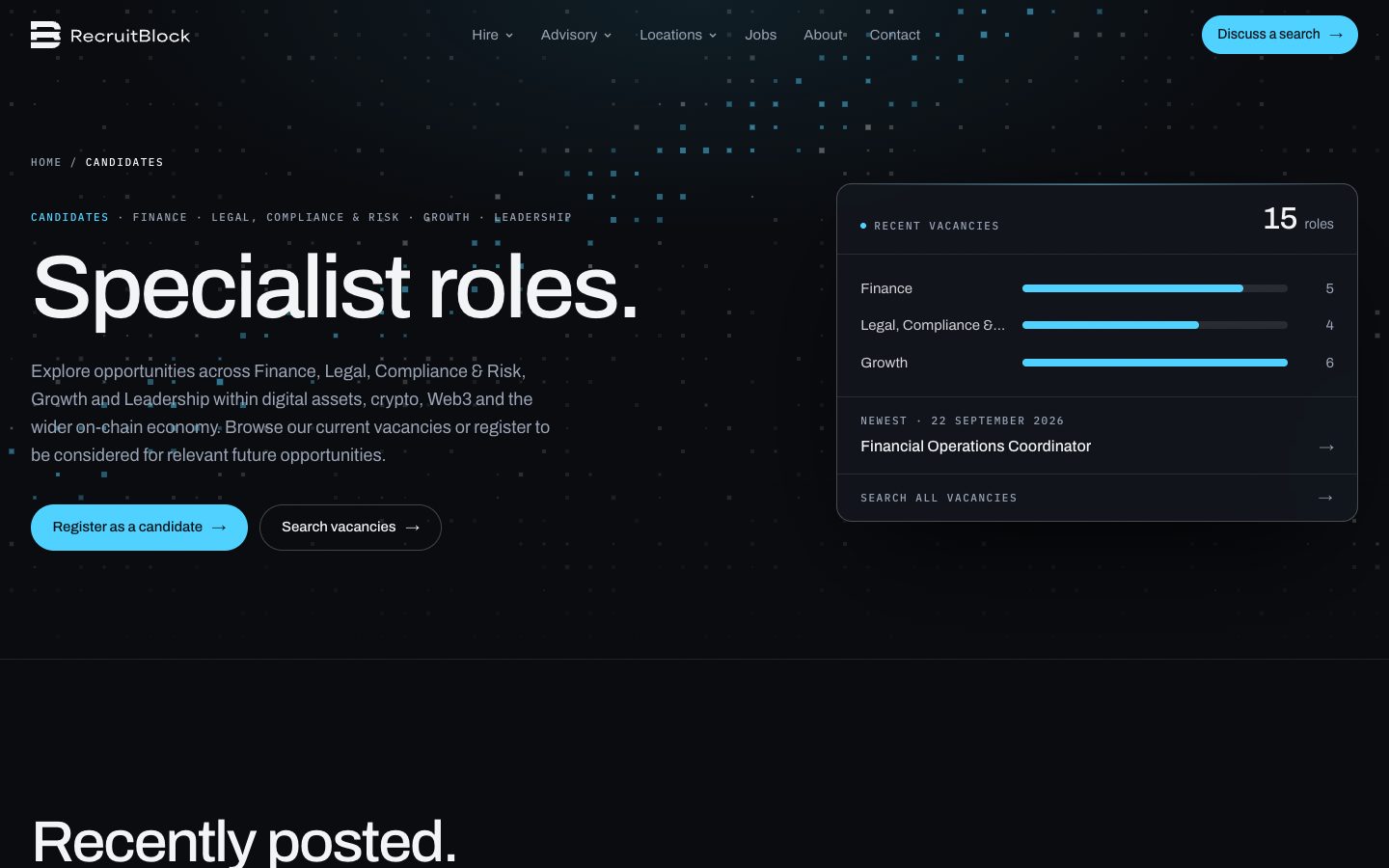 The candidates page: Specialist roles, beside a count of recent vacancies by practice