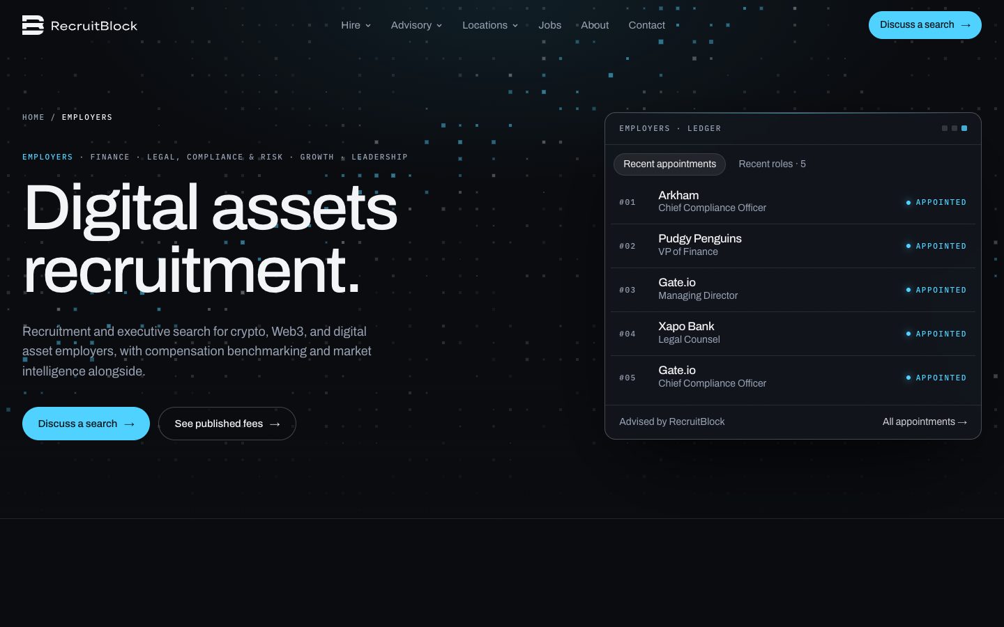 The employers page: Digital assets recruitment, beside a ledger of recent appointments