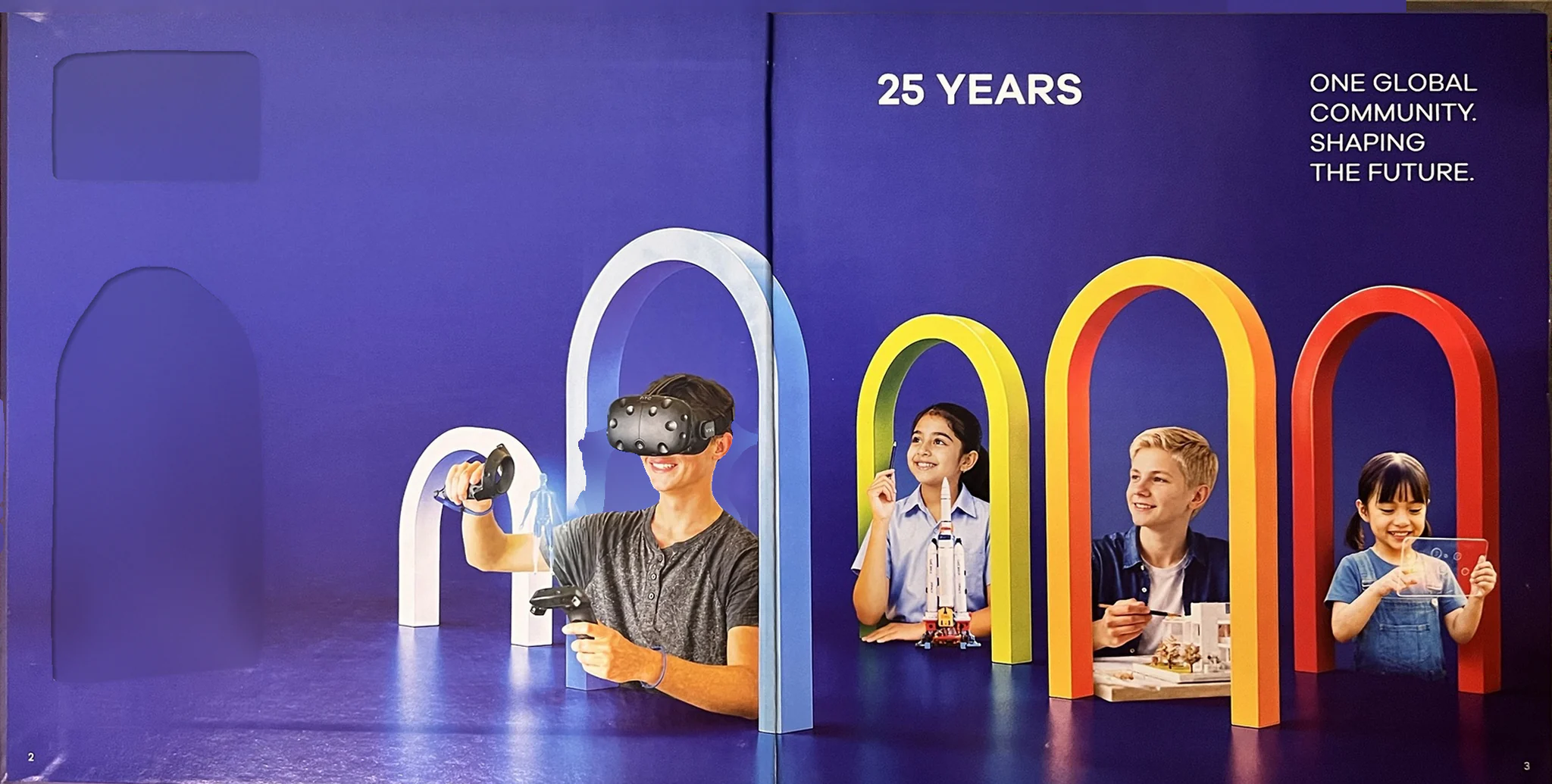 The ‘25 Years’ spread of the GSG25 book: children inside coloured arches on a deep purple ground
