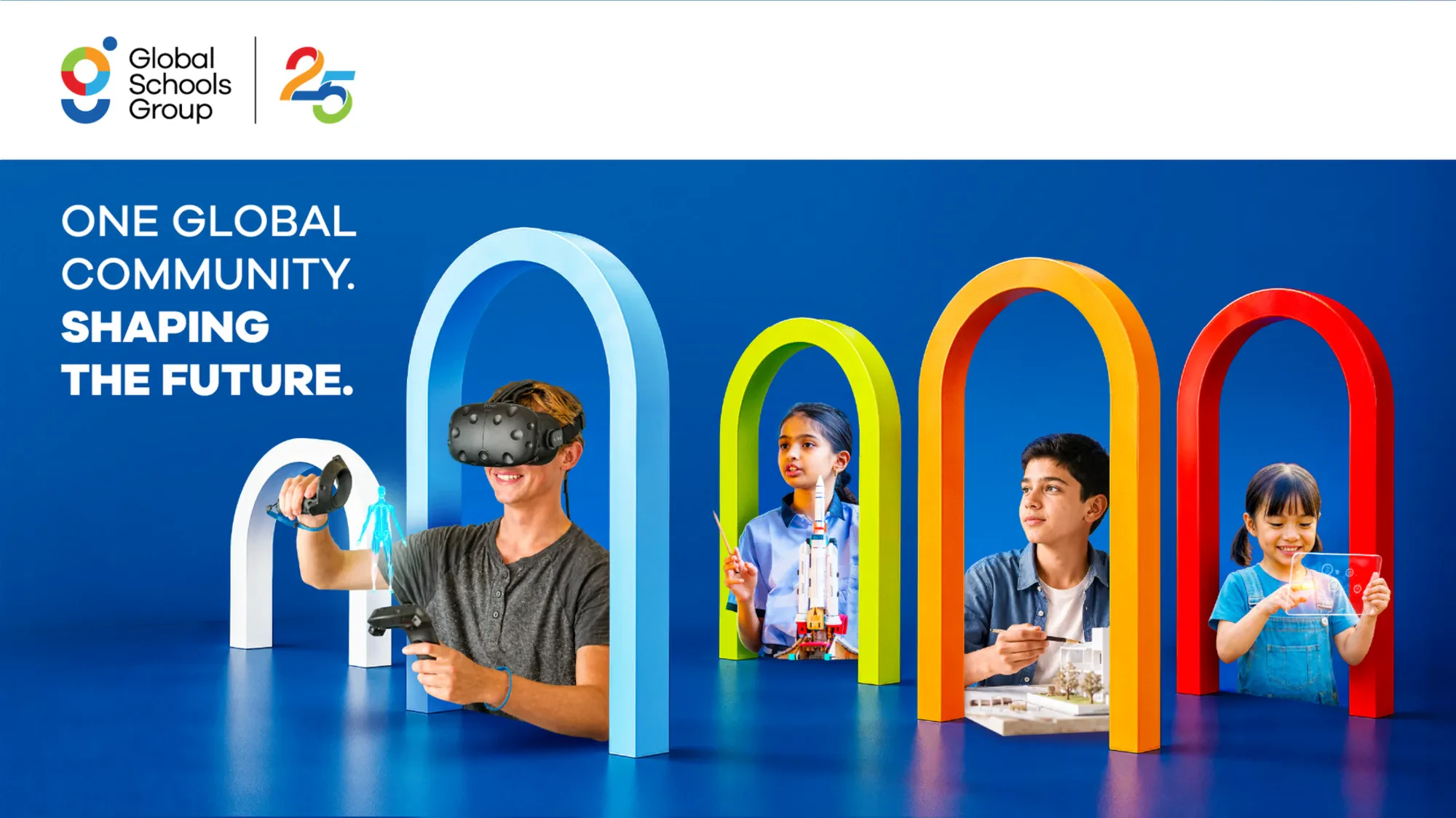 The GSG25 key visual: children framed by coloured arches, with the line One global community. Shaping the future.