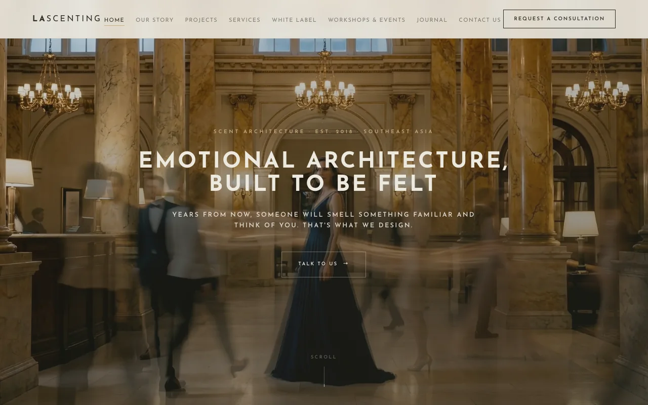 The LA Scenting home page: a hotel lobby under the line Emotional architecture, built to be felt