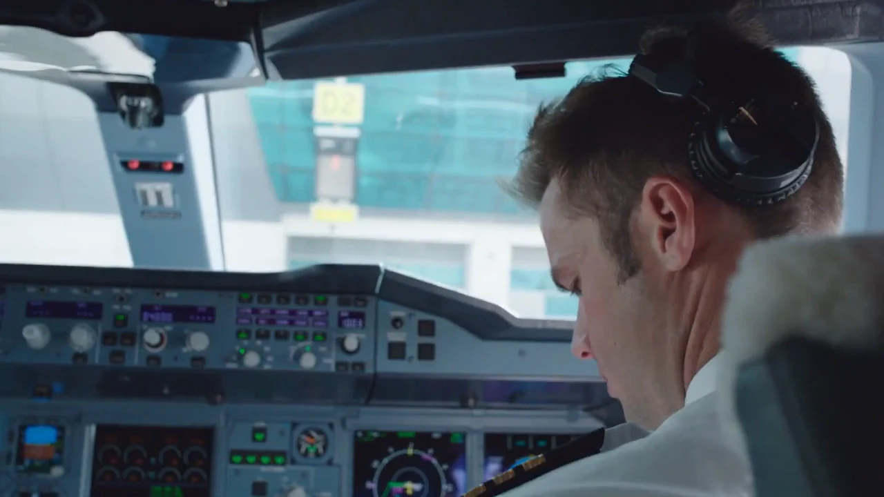 An Emirates pilot on the flight deck, from the Adventure Awaits films