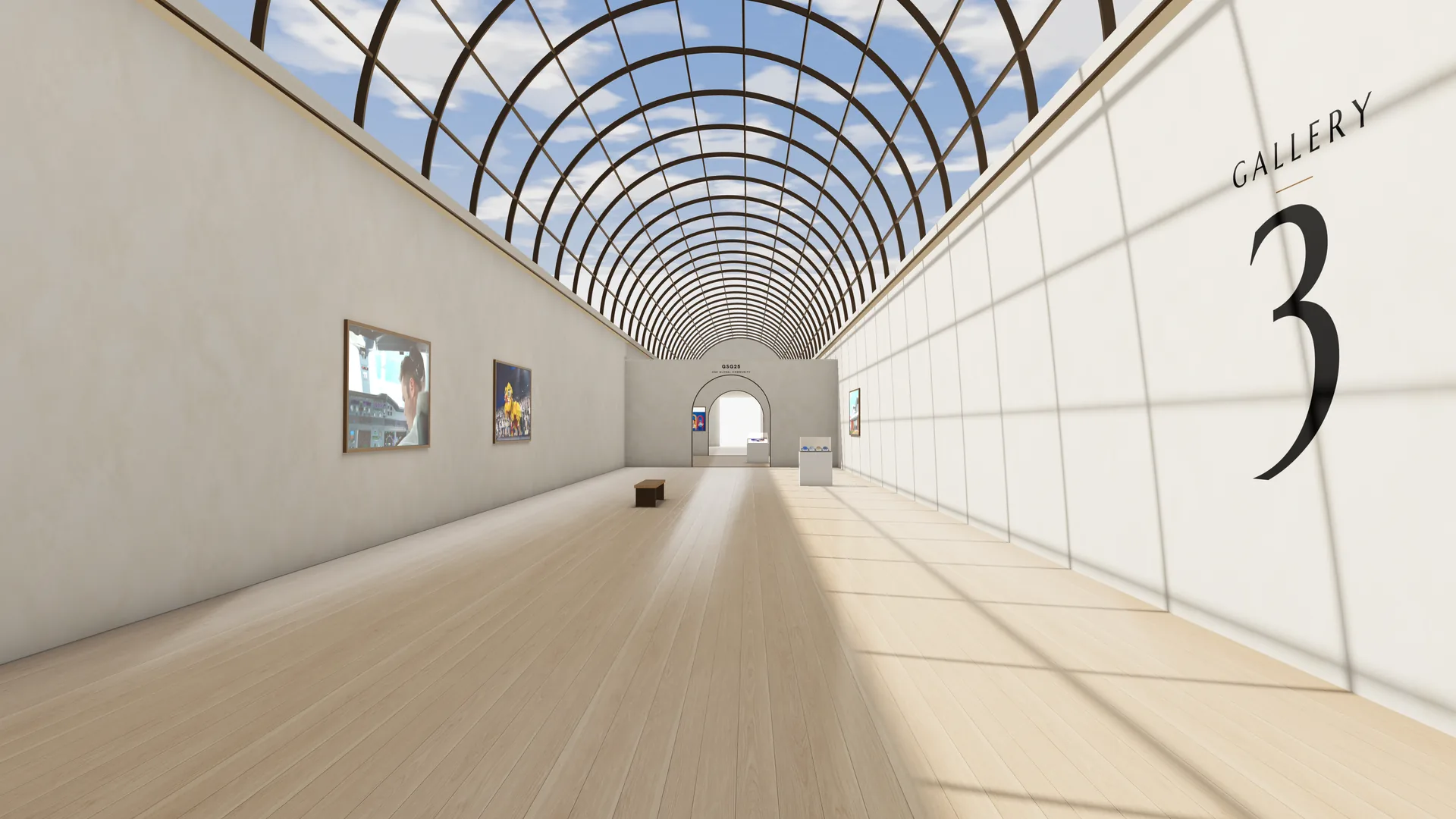Gallery 3: a long, daylit hall under a glass barrel vault, with films and prints in thin bronze frames along the walls