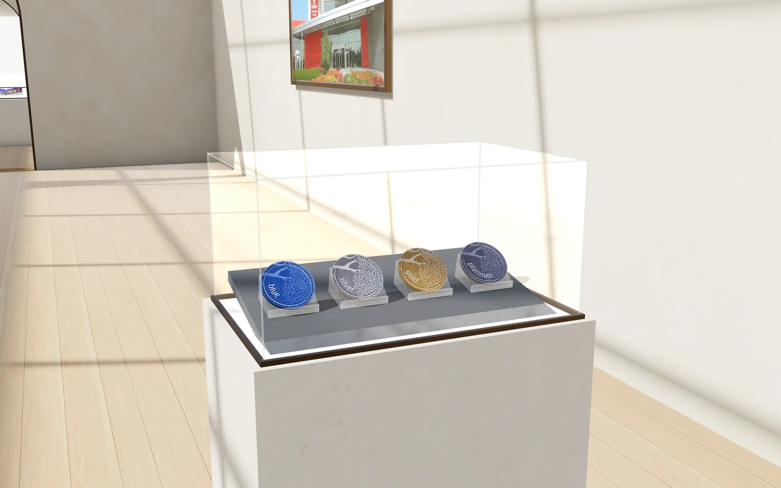 The 4 Emirates Skywards tier marks, Blue to Platinum, on low clear cradles in a glass vitrine
