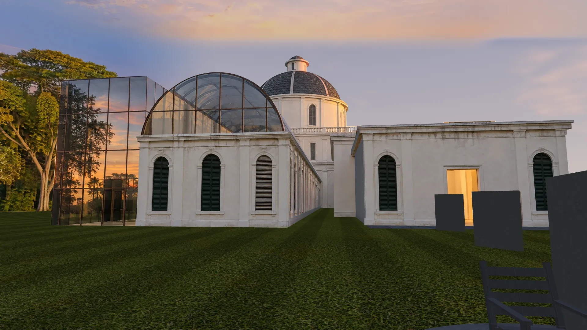 The museum from its garden at dusk: the gallery’s glass vault, the dome rising beside it in the last sun, and the glass passage and visitors’ book lit from inside.