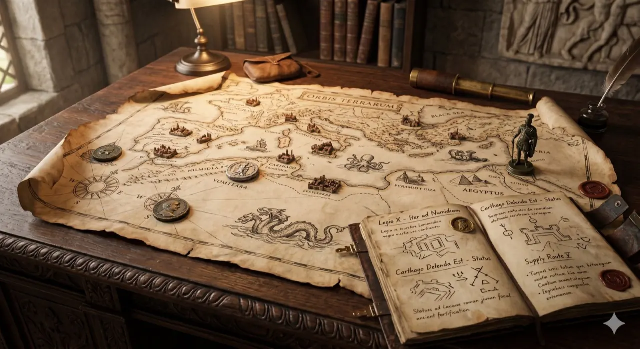 An antique map, coins and a journal of plans