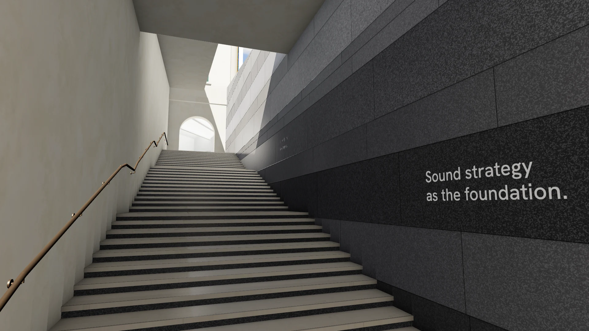 Gallery 5: a narrow stone stair climbing out of shade, sun raking the coursed granite, and a white arched door at the top.